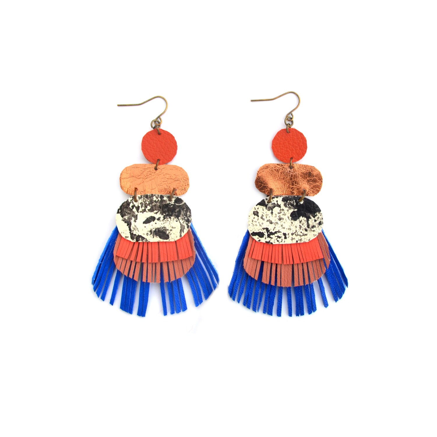 Blue Fringe Earrings Orange Leather Earrings Geometric