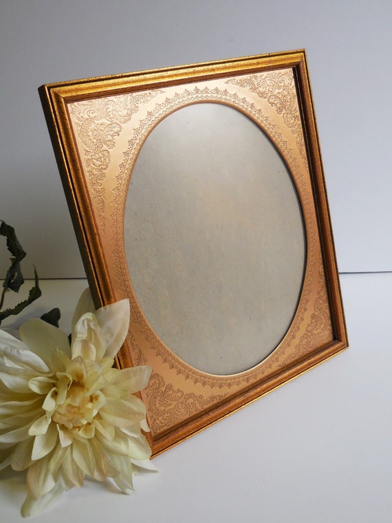 Vintage frame Oval mat embossed tooled copper Gold wood frame