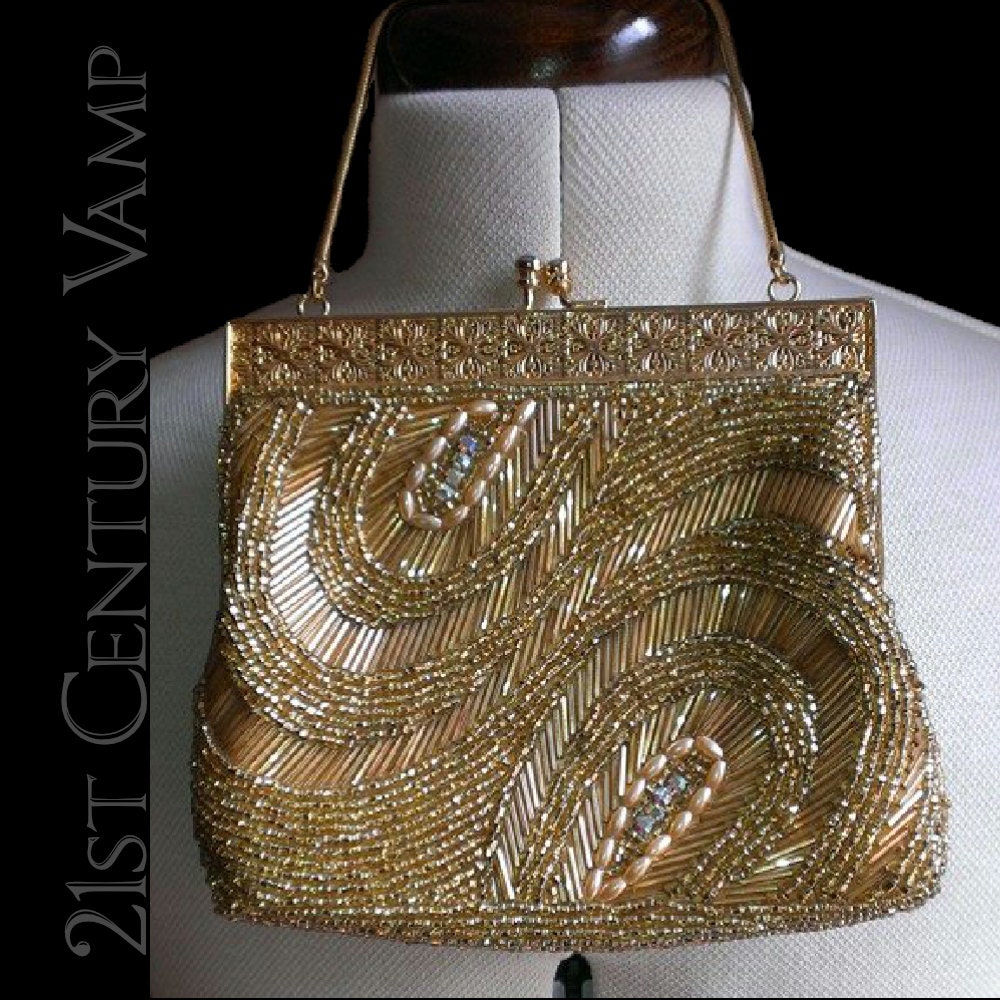 1950s Vintage Beaded Purse. Luxurious Gold Pearl and Diamanté
