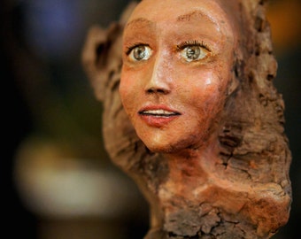Tree Nymph Sculpture. Clay and Wood Carving by Fae Factory Visionary Artist Dr Franky Dolan (Figurative Sculptural Art Doll OOAK Nature Art)