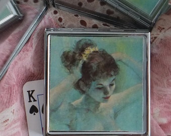 Degas Ballerina in Aqua and Cream - Compact Purse Sized Mirror made from Upcycled Playing Card