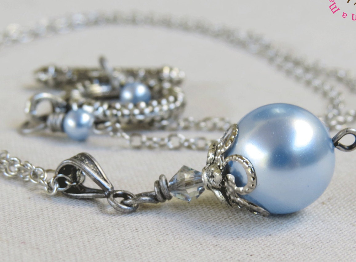 Light Blue Pearl Pendant Necklace Downton Abbey Pendant