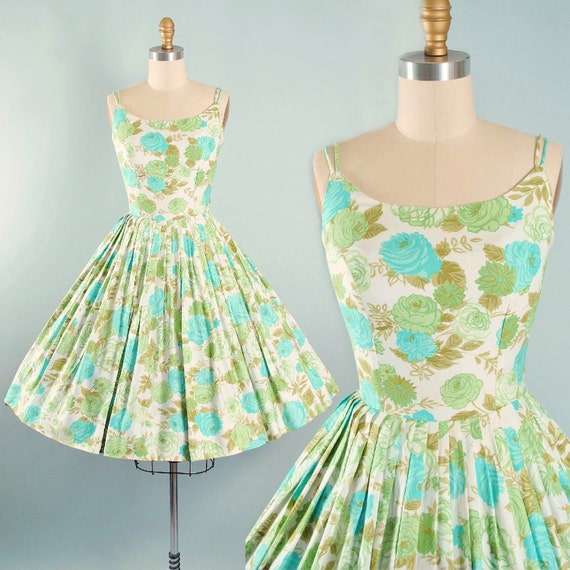 Vintage 50s Dress / 1950s Polished Cotton Sundress GREEN BLUE