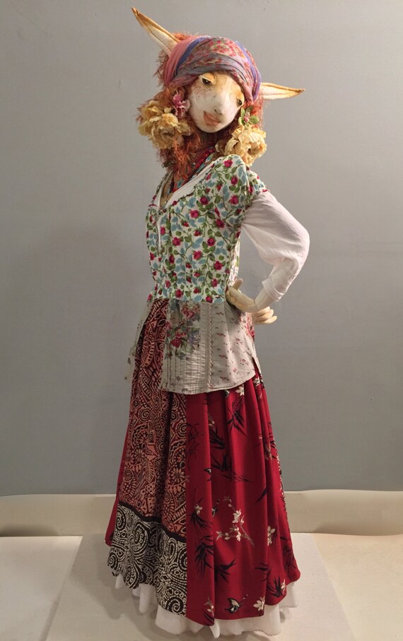 L Red Taupe Peasant Dress Boho Up Cycled Floral by raggandbone