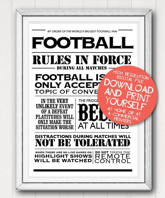 Printable Poster Football House Rules Typographic Art Gift