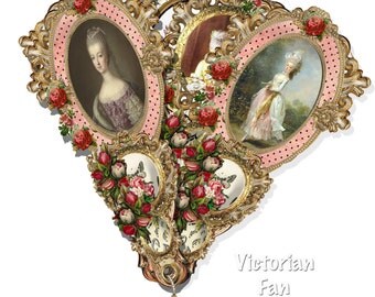Printable Victorian Marie Antoinette Fan Card DIY Kit collage sheet tea party accessories or Masquerade ball