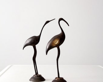 mid-century brass bird pair, brass crane sculptures