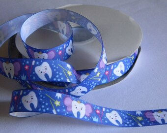 Tooth Fairy Ribbon 5 yards of Grosgrain 7/8" Blue Ribbon with Teeth Crowns Wands and Toothbrushes Scrapbook Project Tooth Pillow Hair Bow