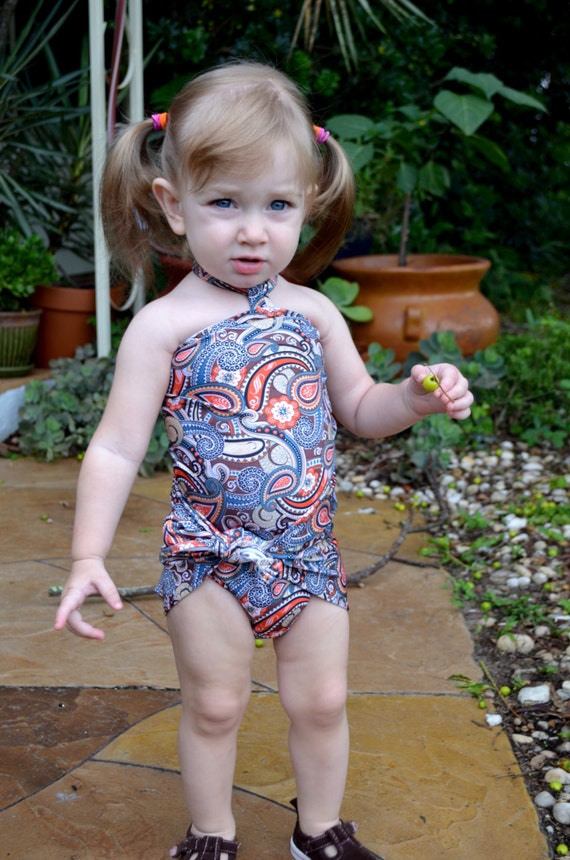 Girls Swimsuit Baby Bathing Suit Teal Paisley Print Wrap