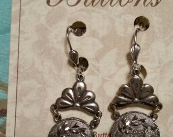 ANTIQUE GLASS BUTTON Earrings 1890 Black Glass with Silver Lustre Flowers
