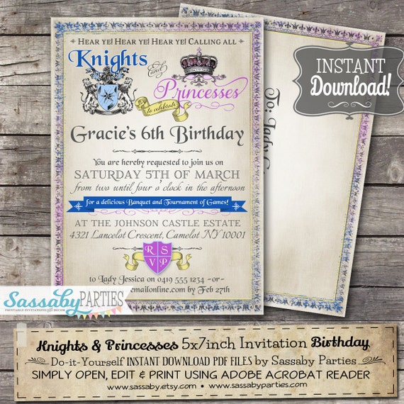 Knights and Princesses Invitation - INSTANT DOWNLOAD - Editable & Printable Medieval Birthday Party Invite by Sassaby Parties Il_570xn