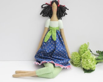 Fabric doll handmade stuffed doll green polka dot blue brunette cloth doll rag doll cute doll gift for girls