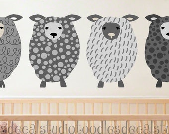 Sheep Art Fabric Wall Decal - Reusable Wall Decals - 4 Decals - Ready to Hang Boys Art - Sheep Nursery Art - Boys Sheep Fabric Stickers