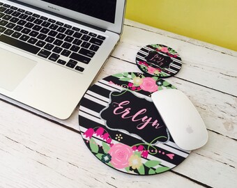 Mousepad Floral Mousepad and coaster set, monogram gift, office desk accessories, office gifts, floral and stripes,