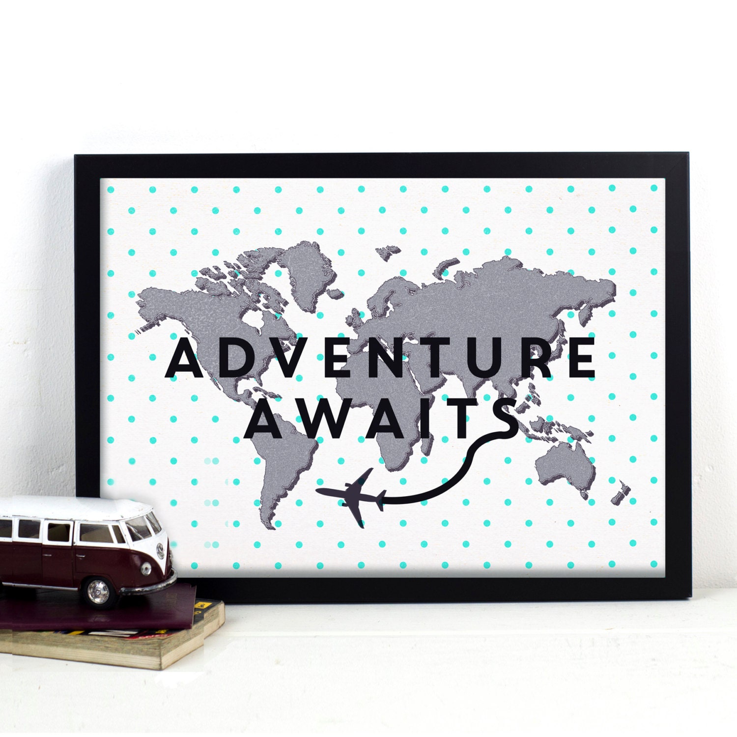 World Map Poster Adventure Awaits Polka Dot Mint