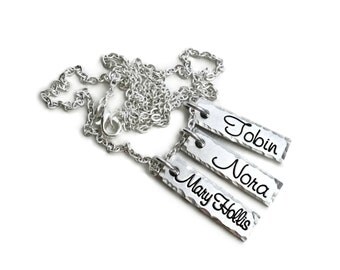 Mother - Personalized Jewelry - Grandma Necklace - Kids Names - Rectangle Tags Hammered Pewter Necklace - Engraved Jewelry