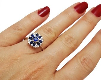Unique Engagement Ring, Sapphire Engagement Ring, Vintage, Art Nouveau Ring, Sapphire Flower Ring, Birthstone Ring, Fast Free Shipping