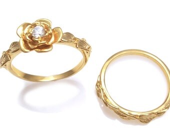 Wedding Ring Set, Flower and Leaves Engagement Set, Engagement Ring Set, Leaf Ring, Art Nouveau Ring, Diamond Leaves Ring, Flower