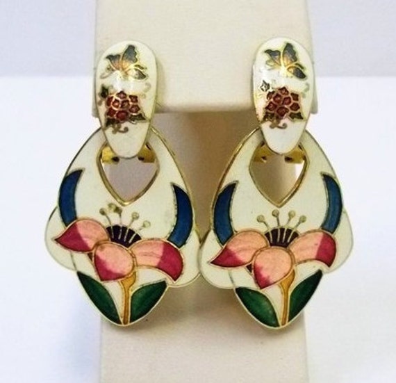 1980s Cloisonne Pierced Clip Earrings Enamel Flower Butterfly