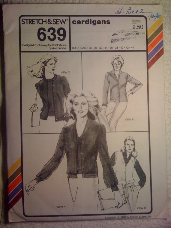 Stretch and Sew Sewing Pattern 639 80s Ladies Cardigans Bust Size 28-44 Uncut