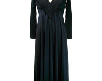 vintage 1970's fringe maxi dress / black / long dress / 70's maxi dress / women's vintage dress / size small