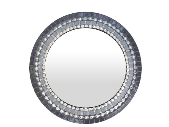 Round Mosaic Mirror in Gray, Silver, Black