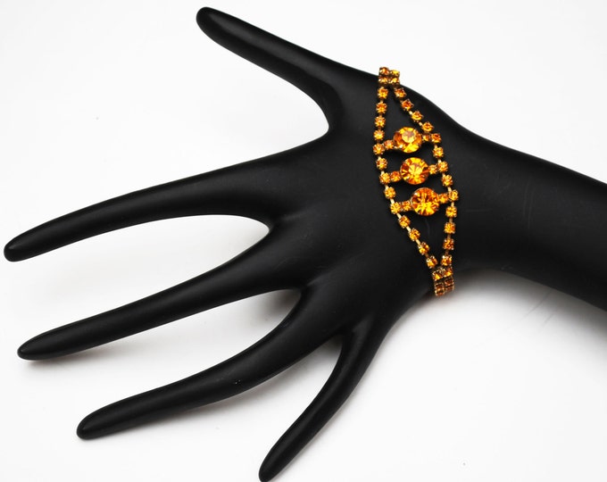 Rhinestone Bracelet Amber Orange rhinestones safety chain Mid century