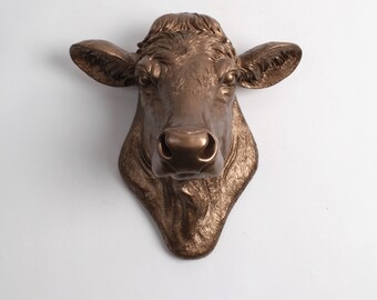 Cow Head Decor by White Faux Taxidermy - The Bessie - Cow Head Wall Mount - Farm Animal Decorations - Cattle Decor - Farmhouse Wall Decor
