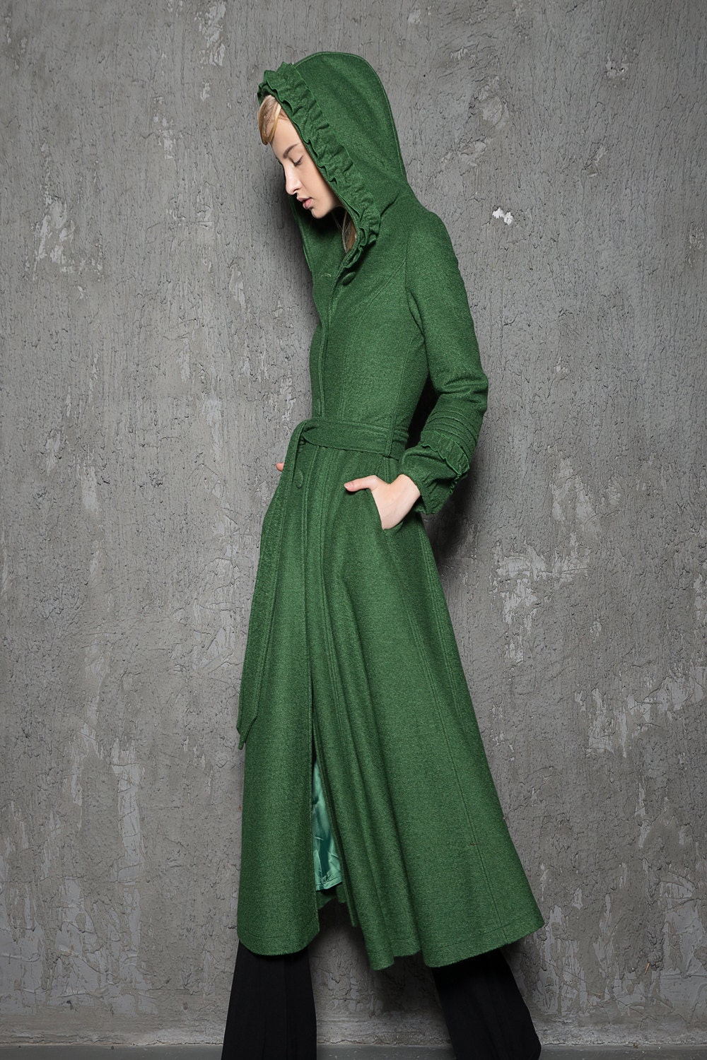 Green Wool Coat Hooded Woman's Coat in Emerald Green