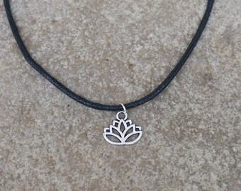 Black Choker with Lotus Pendant, Lotus Charm Black Choker, Vegan Black Choker, Waxed Cotton Cord, Lotus Choker, Lotus Charm Necklace, Teen