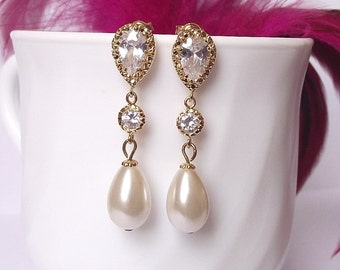 gold pearl earrings, teardrop pearl wedding earrings, bridal earrings, gold bridal jewelry, pearl drop earrings, gold wedding jewelry