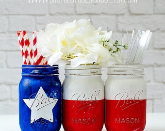 Texas Flag Mason Jars - Painted Mason Jars - Red White Blue Vases - Pint Size Mason Jars