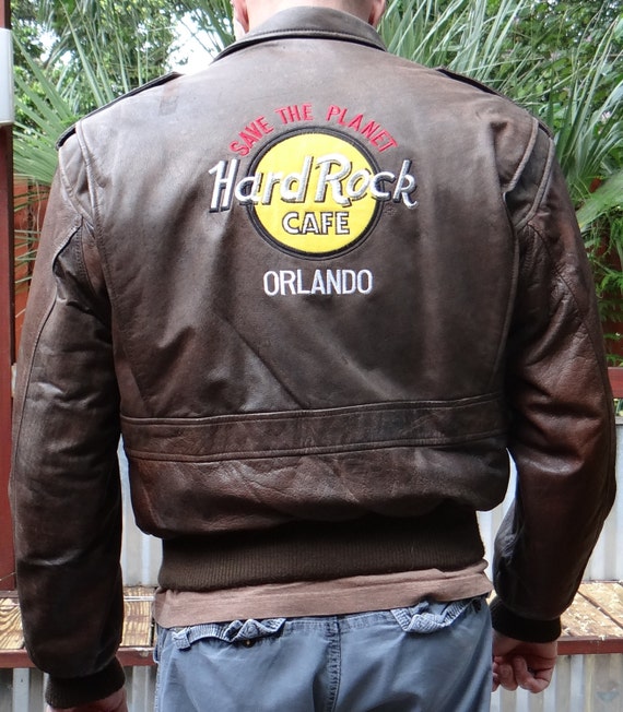 Vintage Soft Brown Leather Bomber Jacket from Hard Rock Cafe ORLANDO Men's Small