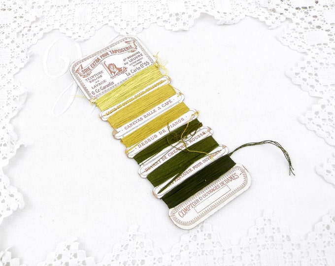 Antique French Card of 6 Shades Green Embroidery Silk Threads, Les Grands Magasin du Louvres, French Decor, Craft Supplies, Parisian Sewing