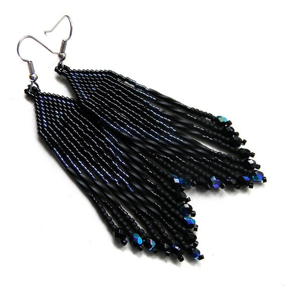 Black Beaded Earrings long black earrings beaded by Anabel27shop