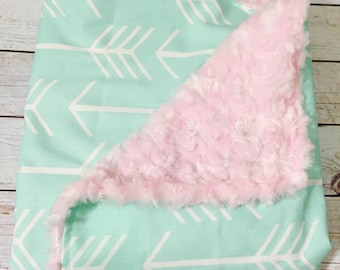 Girl's Baby Blanket MINT ARROW Mint Pink Faux Fur Tribal Baby Blankets by BizyBelle
