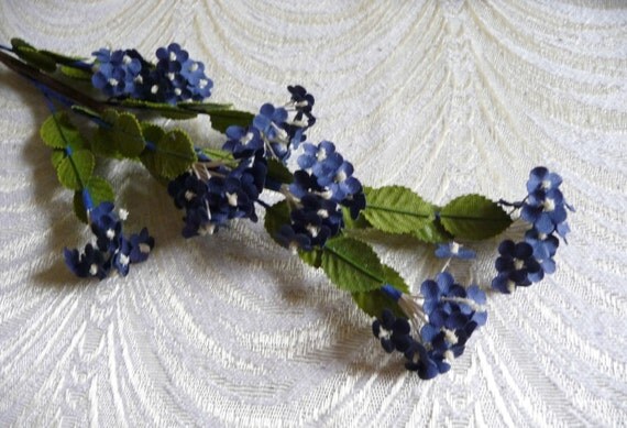 Vintage Forget Me Nots Spray of Navy Blue with Leaves for