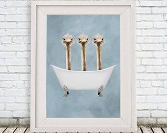 Ostrich Print, bathtub print, Funny Ostriches Artwork, Ostrich Illustration, Coco de Paris, 3 ostriches in Bathtub