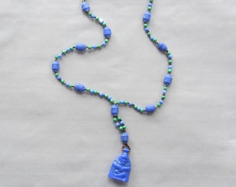 Art Deco Czech Blue Glass Shaman Neiger Flapper Necklace