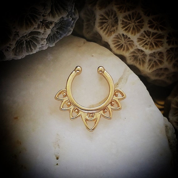 Lotus Flower Fake Tribal Septum Ring Gold Clip by ThrowBackAnnie