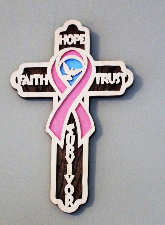 Breast Cancer Ribbon Cross Wood Wall Hanging by Wallyswoodcrafts