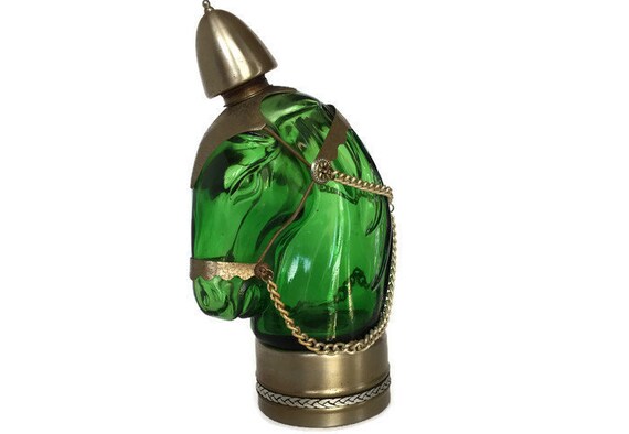 Large green glass horse bottle brass bridle vintage figural oil cruet