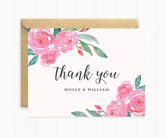 Wedding Thank You Cards Hand Painted Flowers Pink Watercolor