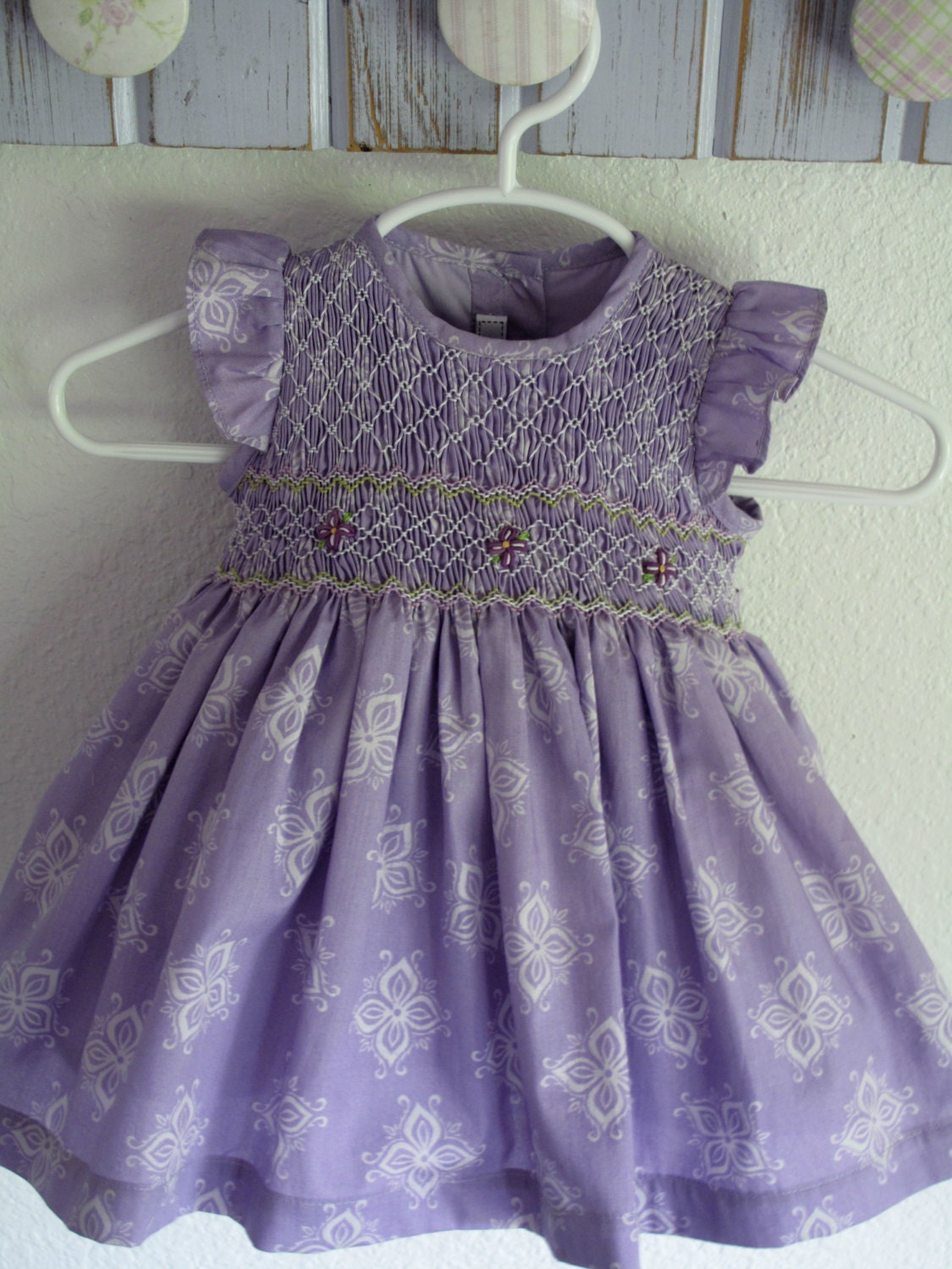 Beautiful hand smoked lavender baby dress Angel wing sleeves