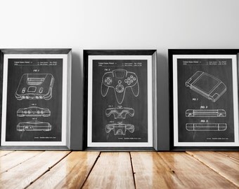 Nintendo 64 Patent Posters Group of 3, Gamer Poster, Nintendo 64 Patent Print, Gamer Decor, Game Room Decor, PP1174