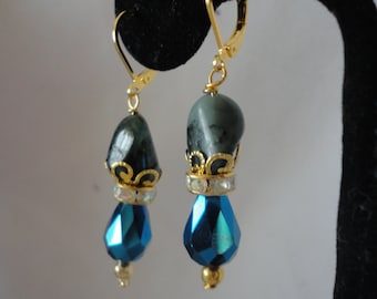 Emeralds and Blue Sapphire Faceted Oval Crystal Earrings*****.