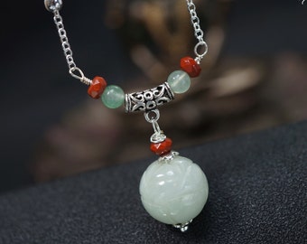 Jadeite Necklace ,stone Lotus Necklace , Natural Jade Necklace Silver , Jade Lotus Necklace Silver , Jade Jewelry , Gift For Her