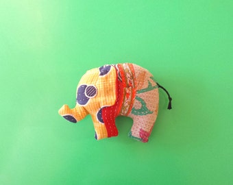 Toy Elephant (yellow orange floral) recycled kantha quilt soft plush stuffed kid friendly ecofriendly environmentally friendly