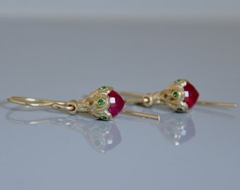 Ruby Earrings , Ruby Jewelry , 14k Gold Earring , Tiny Ruby Earring, 14k Gold Dangle Earring , Dainty Gold Earrings , Gold Drop Earring