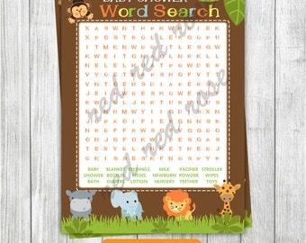 Baby Shower Word Search, Jungle Safari Word Search, Jungle Animals Word Search, Safari Animals Baby Shower Word Search INSTANT DOWNLOAD